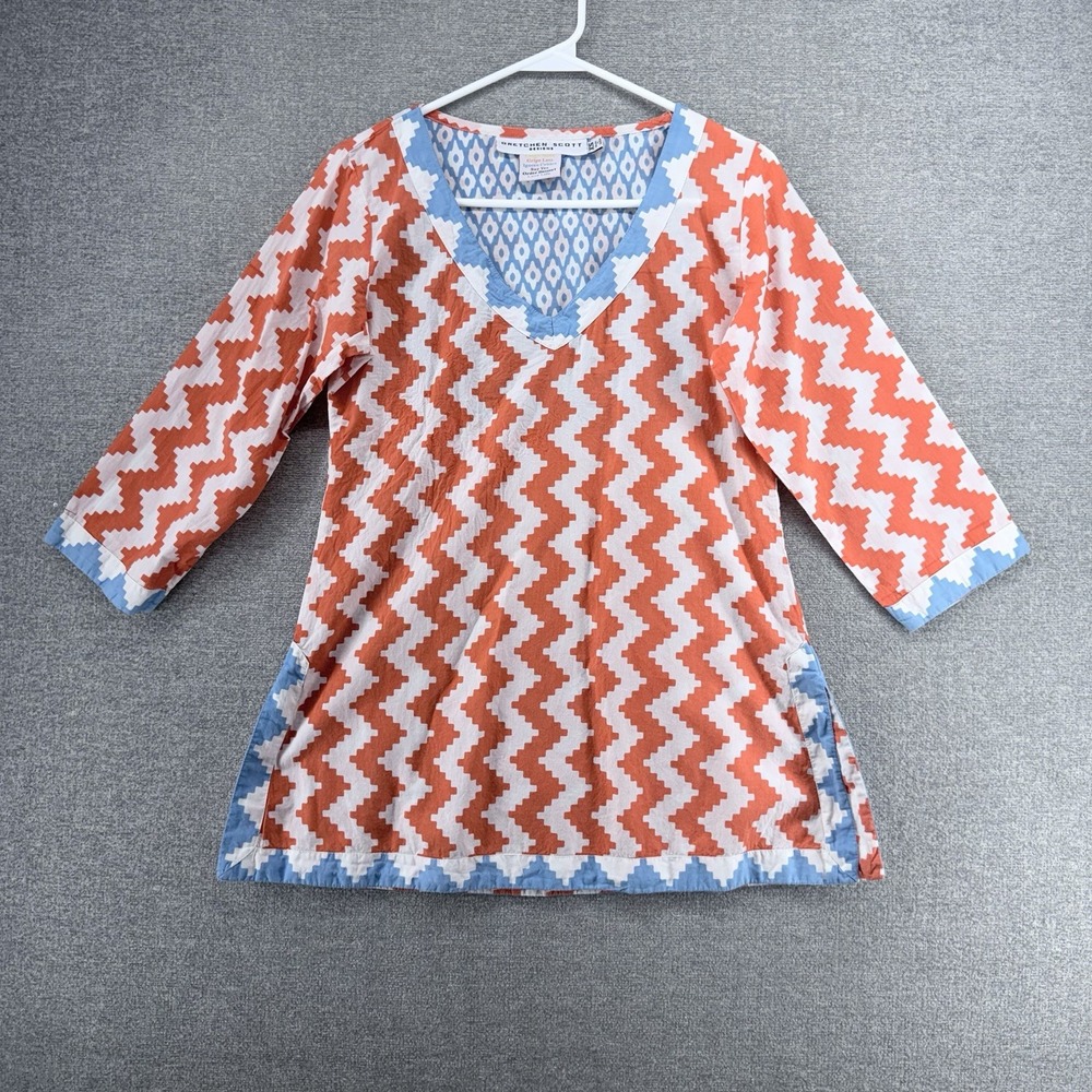 Gretchen Scott Designs Tunic Top Women Size XS Orange Geometric 3/4 Sleeve